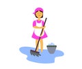 The cleaning lady cleans the room with a mop and a bucket. Cartoon. Vector